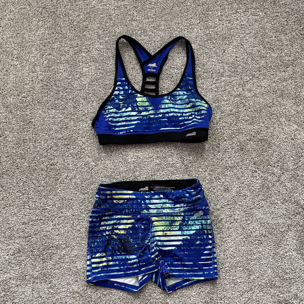 Avia Blue and Yellow Sports Bra and Shorts Set